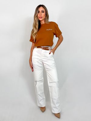Calça Tina Jeans Sarja Com Cinto Off White